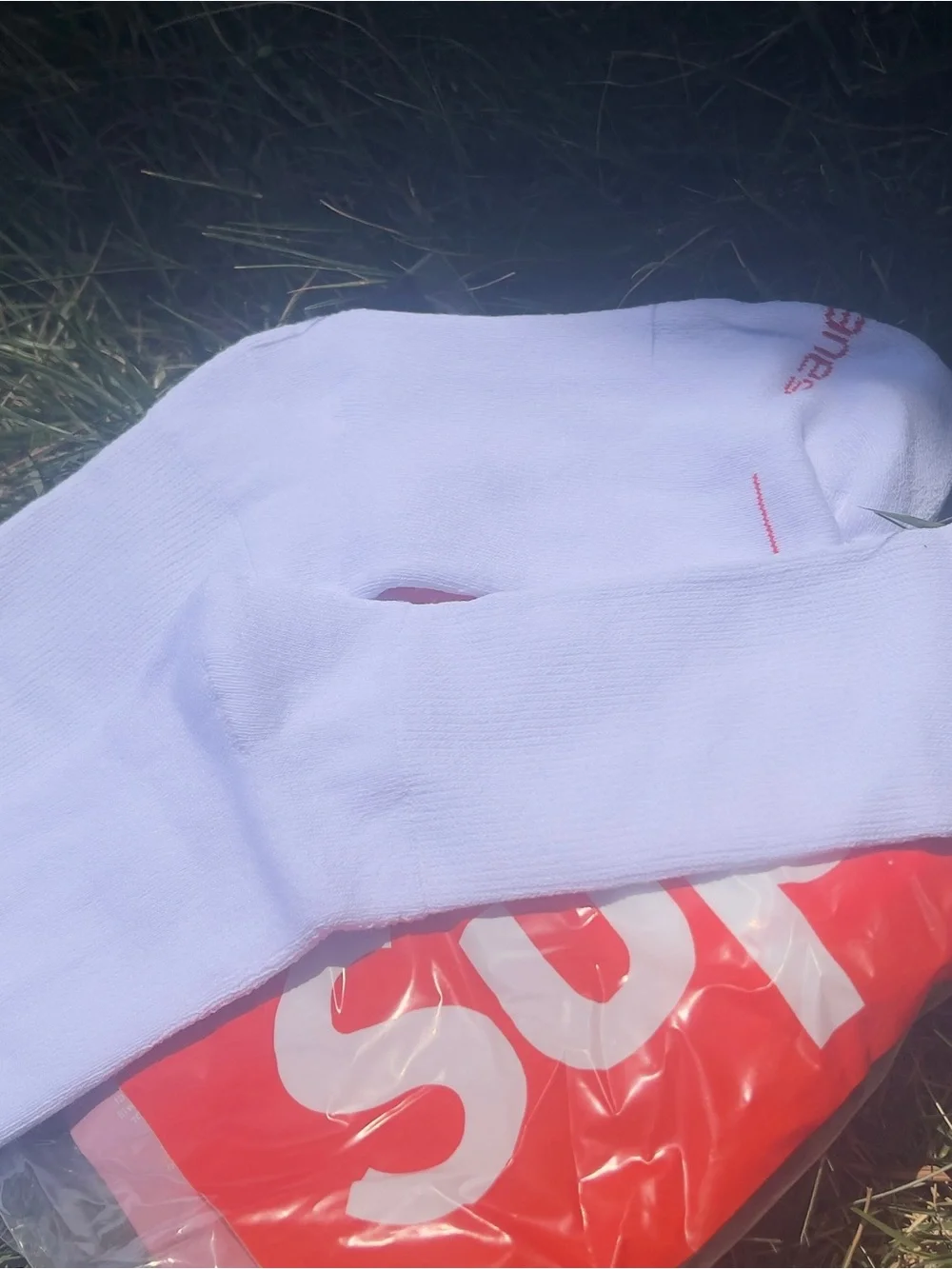 Supreme White Crew Socks with Red Logo